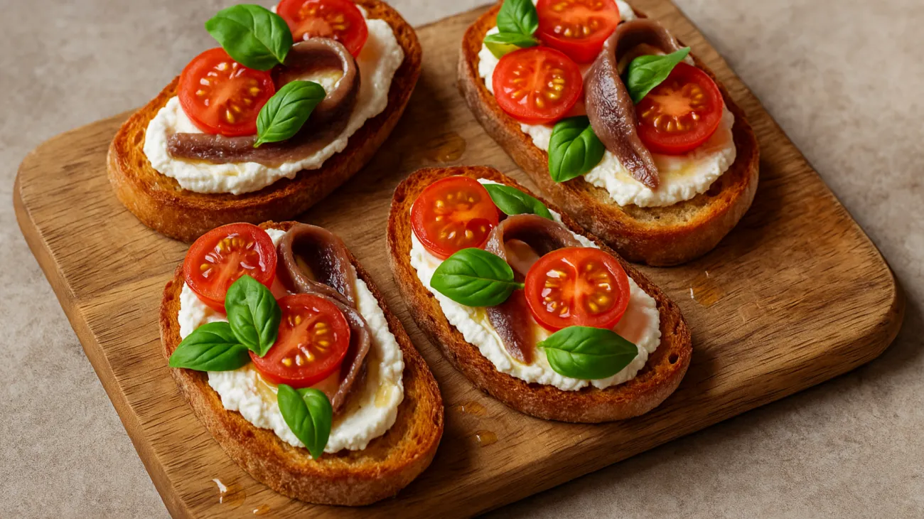 Acciughe liguri pane croccante pomodorini datterini"